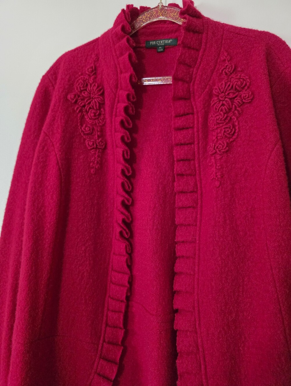 Red 100% Boiled Wool Ruffle Floral Cardigan Coquette Romantic Cottagecore Sz PL